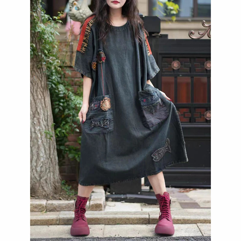 Arrival Summer Arts Style Women Oneck Loose Long Dress Vintage Embroidery Double Pockets Cotton Denim Aline Dresses XT115 261015