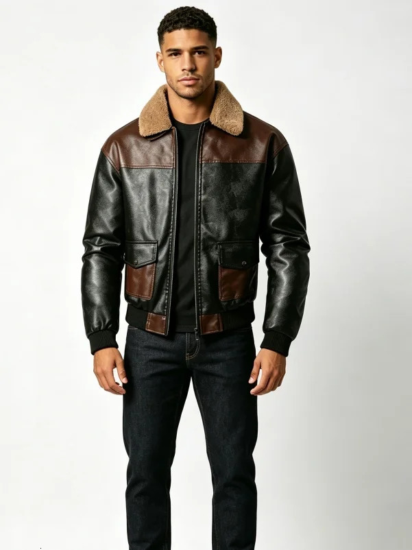 Men Vintage Color Block Leather Jacket Fleece Fur Collar Zip Up Retro Casual Coat Outdoor Streetwear Plus Size 261013