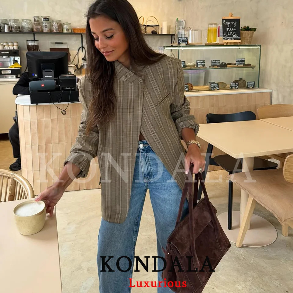 KONDALA Office Lady Chic Plaid Women Blazer Single Button Front Split Oversize Fashion 2026 Spring Summer Top 261015