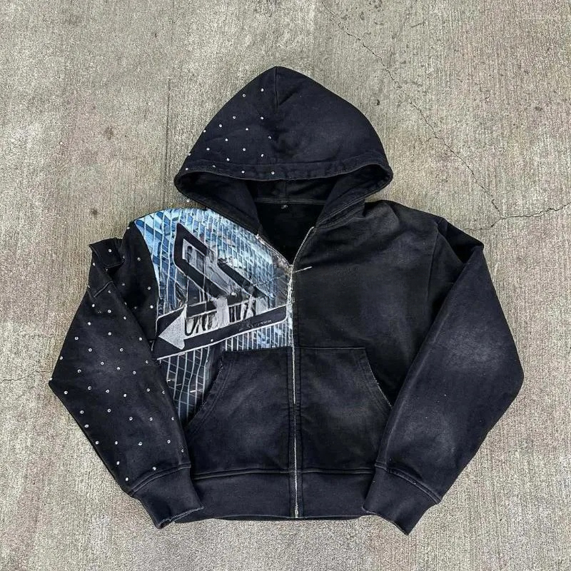 Men's Hoodies Retro Washed Zipper Hoodie With Street Pattern Print And Rhinestone For Spring Autumn Streets