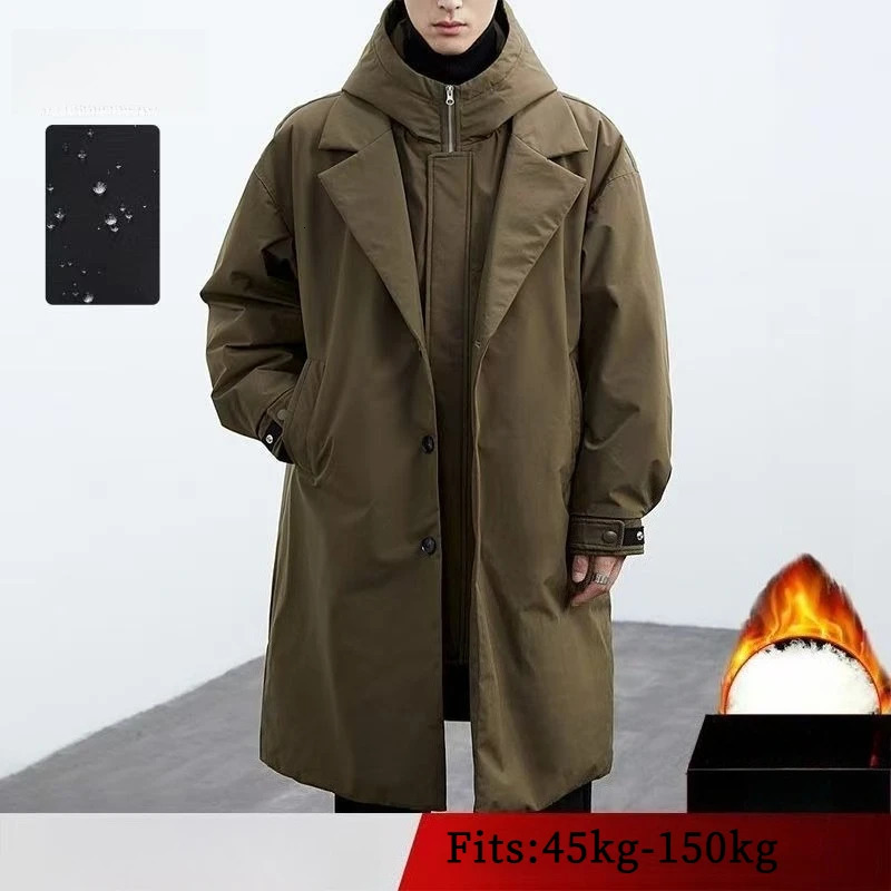 Winter Korean Style Men Hooded Long Coat Faux Two Piece Trench Parka Jacket Plus Size Warm 261017