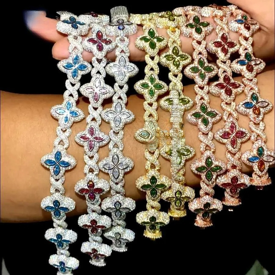 15 Options Colorful Flower Bracelet Ready Stock Hip Hop Fancy Diamond Cuban Link Chain Moissanite 925 Silver