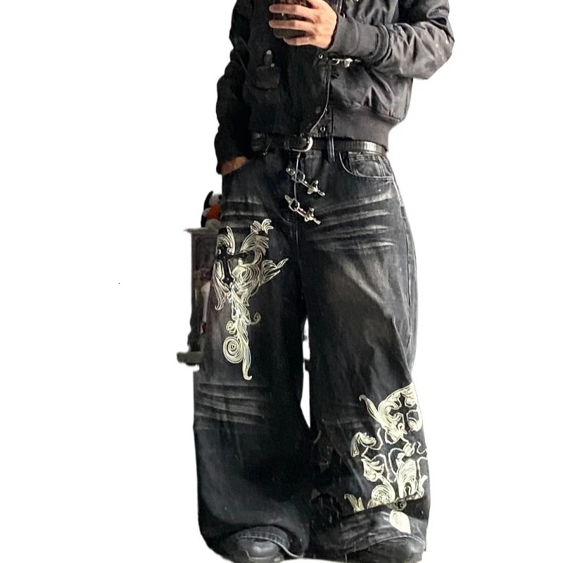 American Vintage Pattern Printing Black Baggy Jeans Men Y2K Gothic Harajuku Hip Hop Casual Joker Wideleg Pants 261016