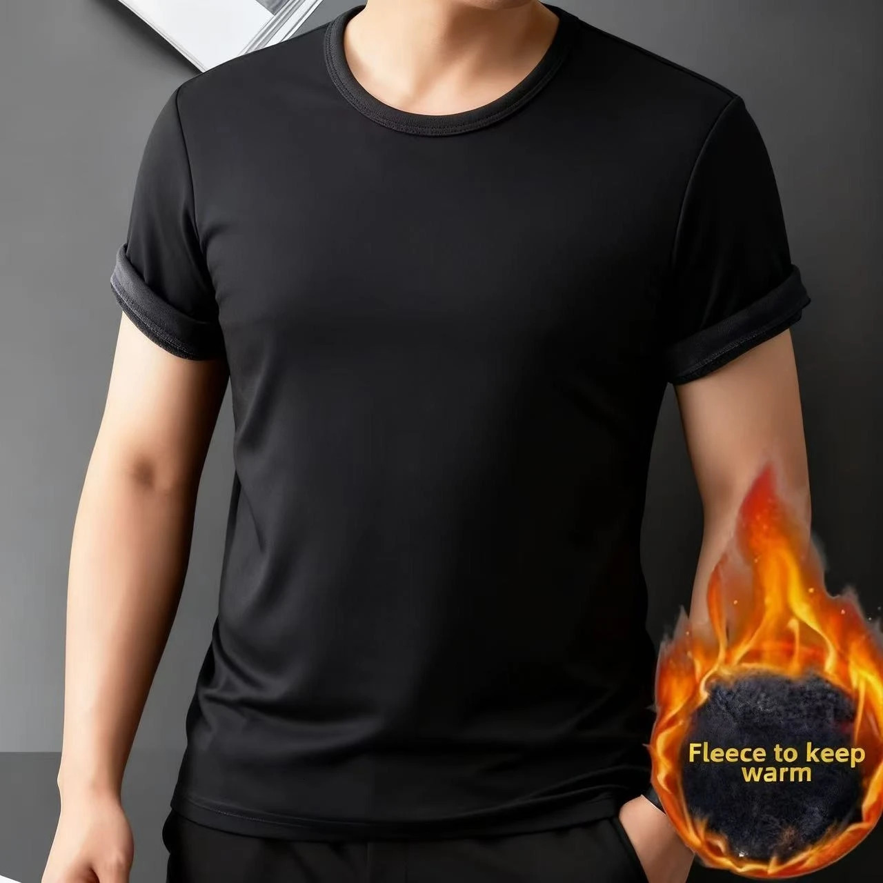 Winter Men Thermal Underwear T-shirt Fleece Thickened Short Sleeve Slim Round Neck Bottom Shirt Velvet Comfortable Top 261014