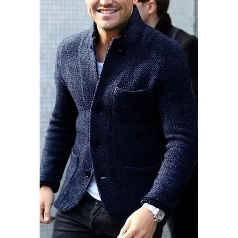 Men's Pocket Single-Breasted Cardigan Suit Coat Autumn Winter Woolen Coat Men Long Sleeve Stand-up Collar Slim Fit Sweater Coat 261015