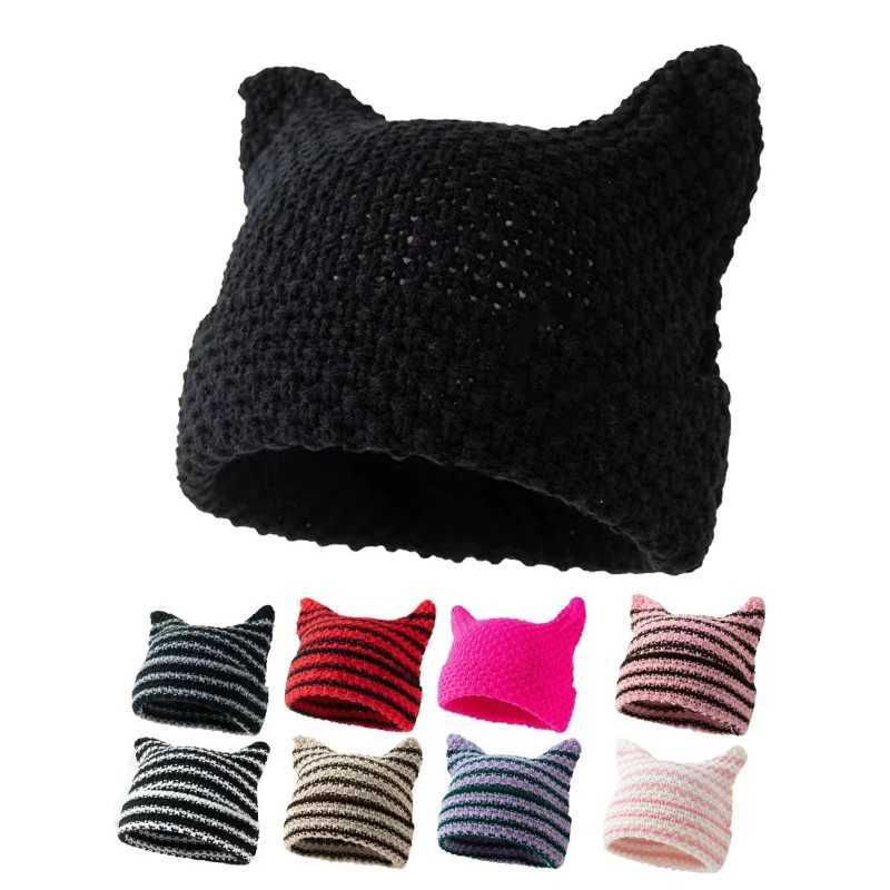 Beanie/Skull Caps Y2K Handmade Stripe Knit Beanie Hat Cat Ears Cold Hat Winter Men Female Warm Crochet Hat Kawaii DesignerT261017