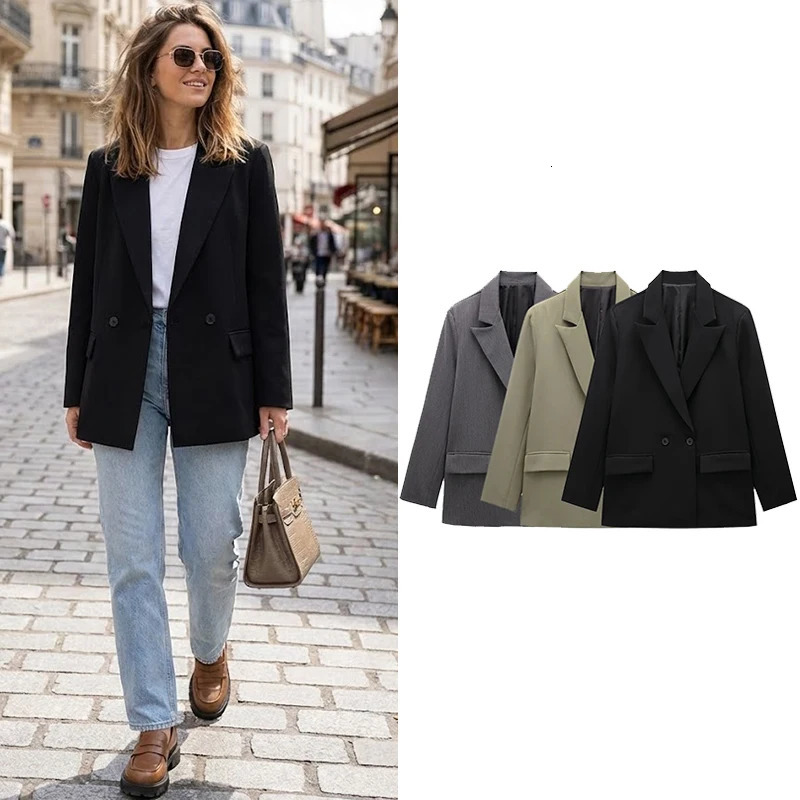 Willshela Women Fashion With Pockets Solid Double Breasted Blazer Vintage Long Sleeves Notched Neck Female Office Lady Outfits 261017