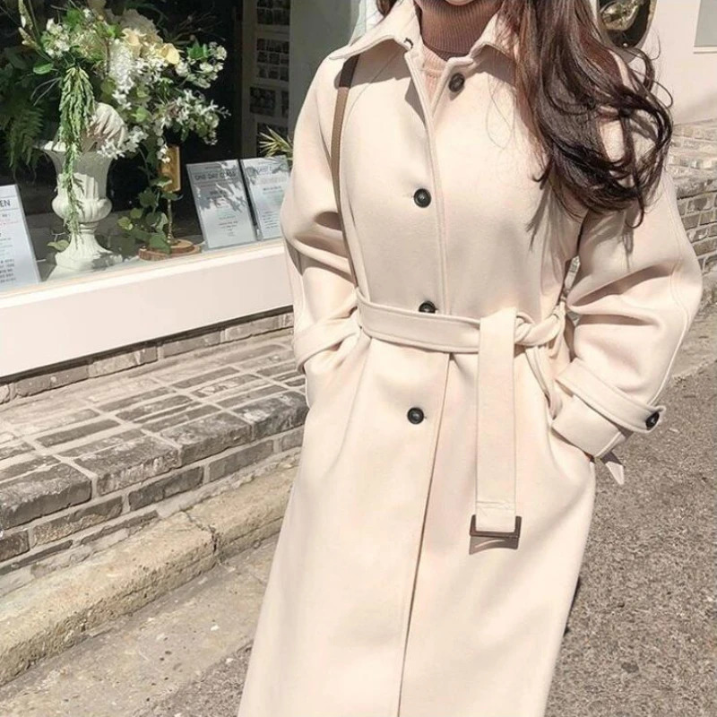 Women Long Wool Coat Autumn Fall Winter Blends Jacket Vintage Long Sleeve Outwear Suits Elegant Mujer Maxi Thick Windbreaker 261016