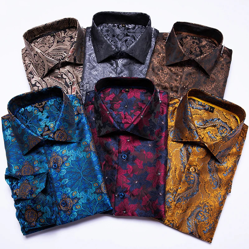Hi-Tie Blue Men's Shirts Paisley Floral Silk Gold Long Sleeve Casual Shirts For Men Jacquard Male Business Party Wedding Dress 261015