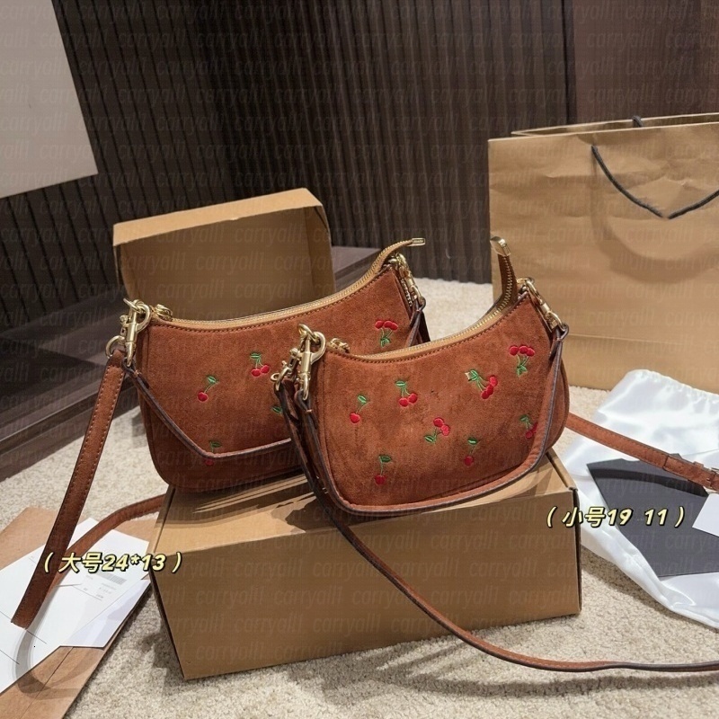 Designer Ch3rry Embroidery Moon Hobo Bag Suede Leather Cherry Pattern Zipper Closure Detachable Shoulder Strap Vintage Women Underarm Crossbody Hand