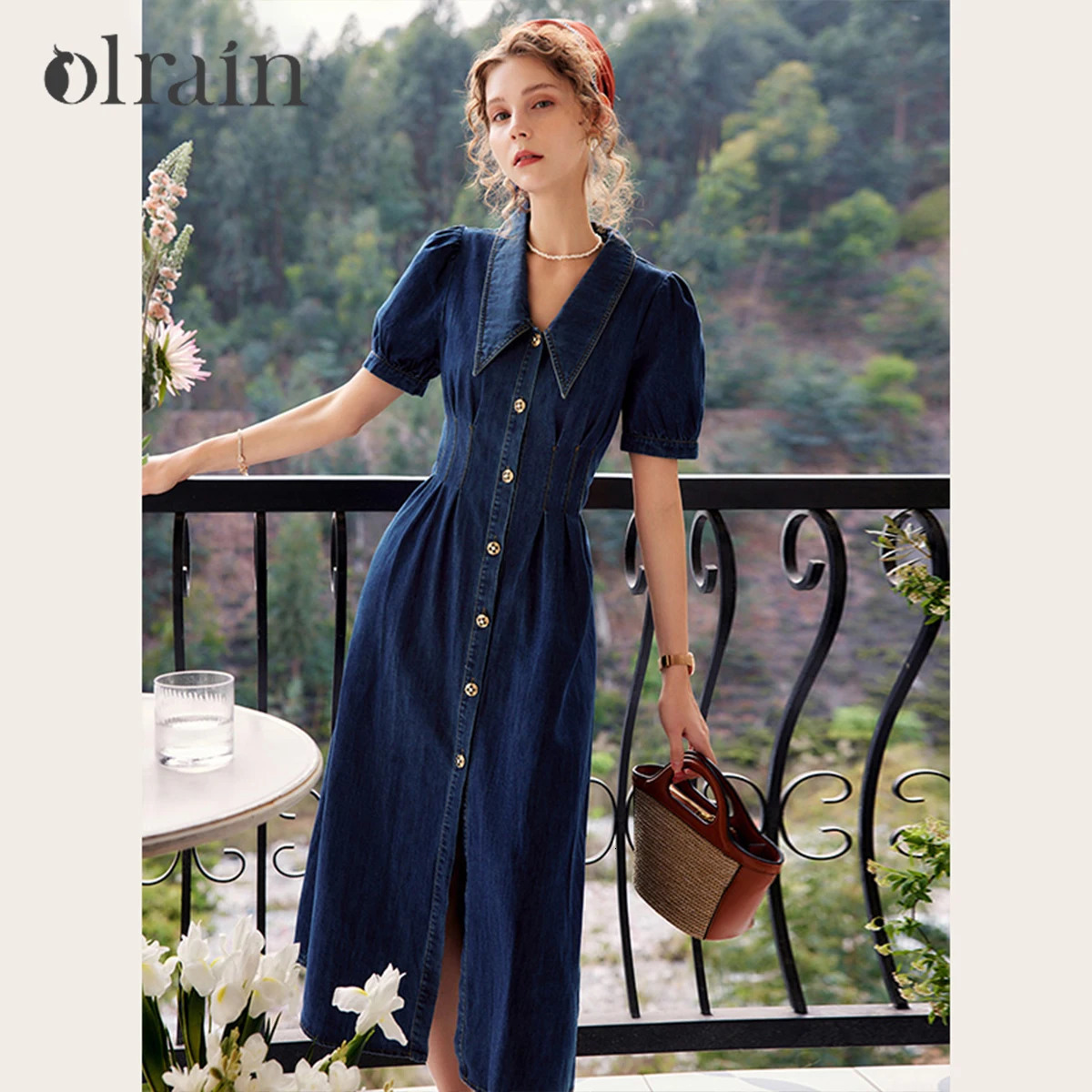 OLrain Denim Short Sleeve Midi Dres 2026 Spring French VNeck Floral Metal Button High Waist Vintage O22CL56063 261015