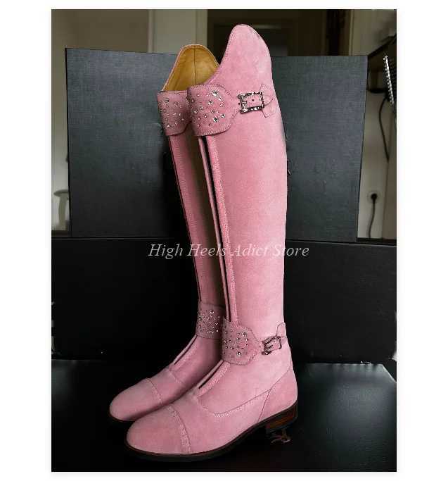 /Beige Suede Flats Riding Boots Women's Soft Round Toe Crystal Buckled Knee High Boots Luxury Designer Causal Dress Shoes Q261015
