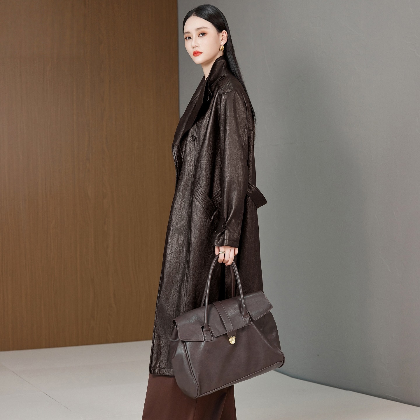 Fashionable And Elegant British Style Women's Jacket Autumn New Vintage Leather Long Trench Coat Outerwear Makoufei