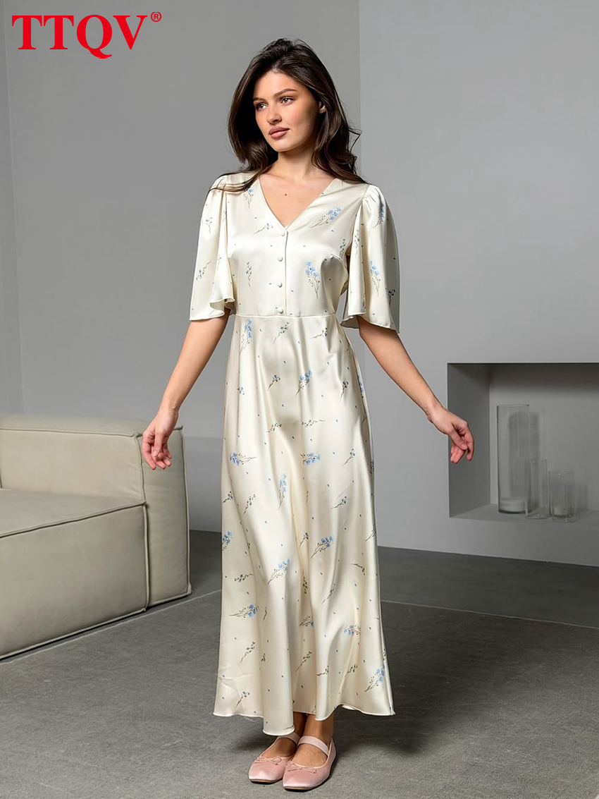 Summer Loose Print Women's 2026 Sexy V-Neck Short Sleeve Ankle Length Dresses Elegant Classic Female Dress Streetwear