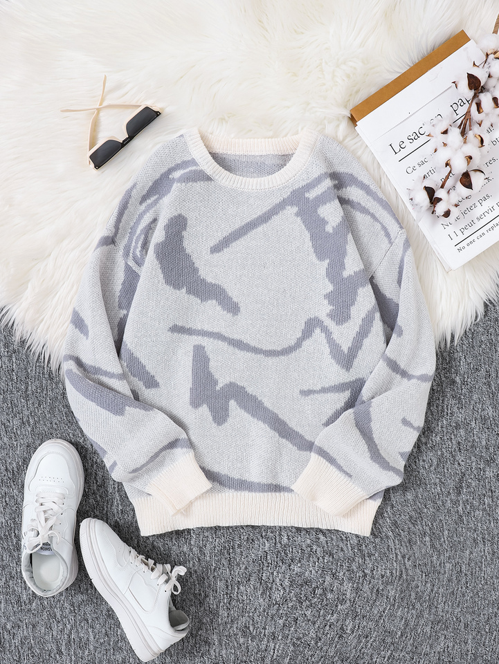 New Popular Spring Autumn Graffiti Jacquard Pattern Sweater Casual Round Neck Contrast Color Knitted Men's Pullover 26Y1017