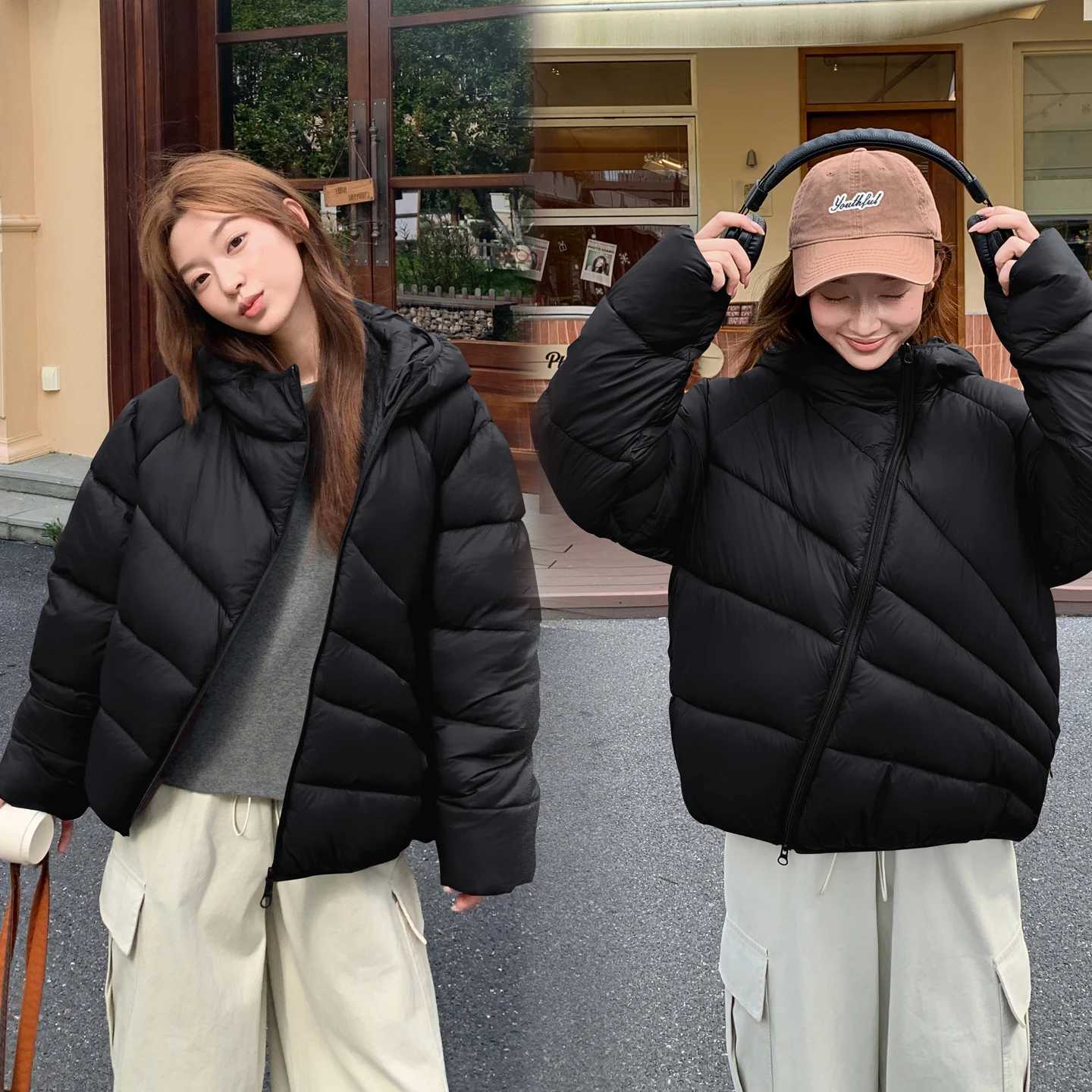 Women's Down Parkas 2026 New Women's Autumn Winter Hooded Cropped Quilted Overcoat Diagonal Stitch Zip Closure Light Warm Ladies Outer Gar