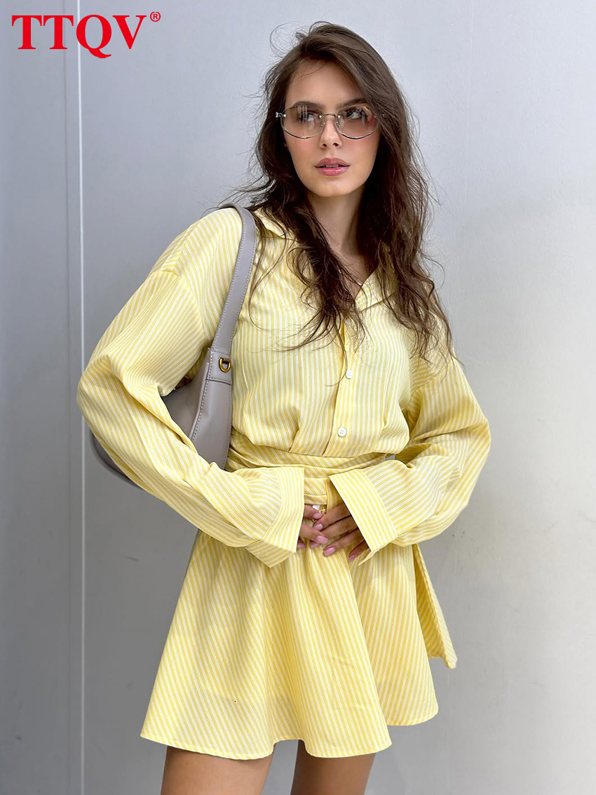 2026 Fashion Loose Stripe Print 2 Piece Sets Women 2027 Elegant Long Sleeve Shirt With High Waist Mini Skirt Set Female Clothing
