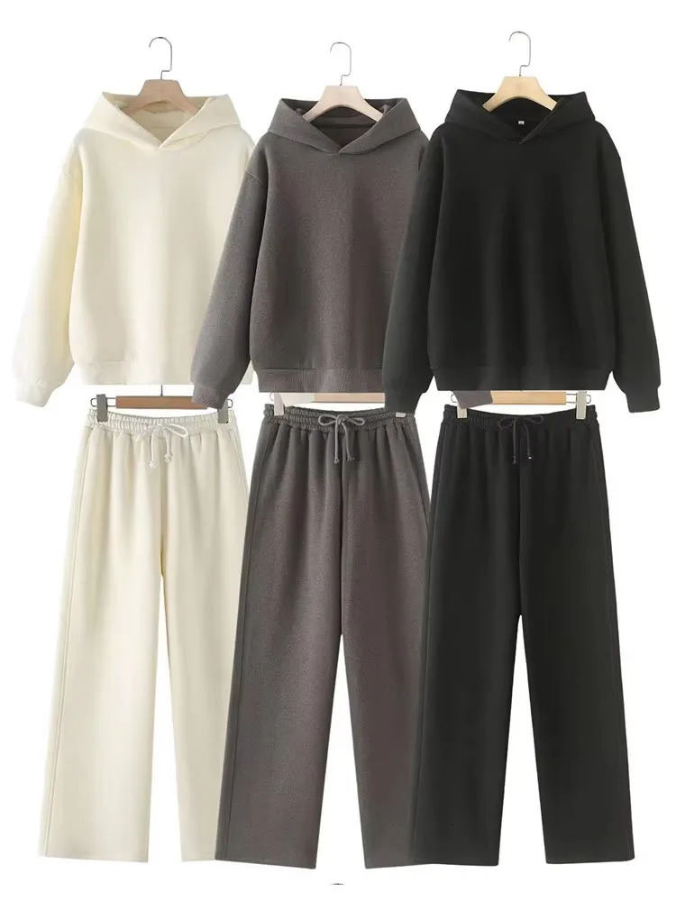HH Women Solid Casual Sweatshirt Pant Suit Long Sleeve Hooded Fleece Pullover Coat Loose Straight Trousers Office Lady Sets 261012