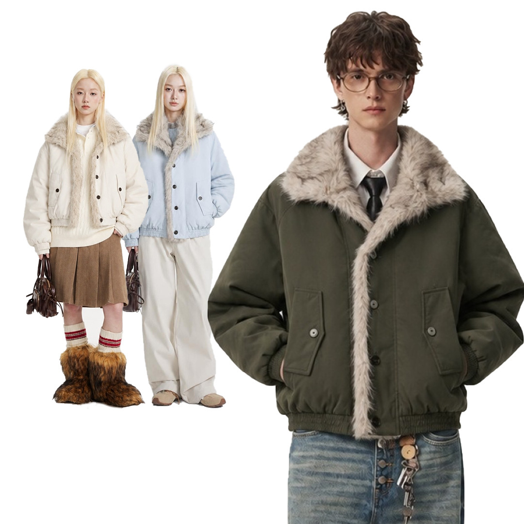 CATTEEIUS American Retro-Style Workwear Cotton Jacket With A Large Faux Fur Collar, Unisex, Thickened, Loose-Fitting, Short, And Designed For Warmth