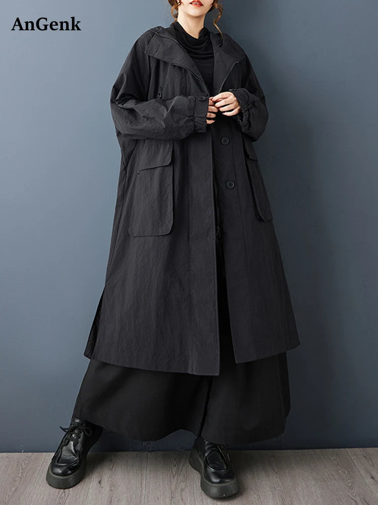 Oversized Black Vintage Zipper Hooded Long Trench Coat For Women Casual Loose Fashion Outerwear Clothing Spring Autumn 2026 261015