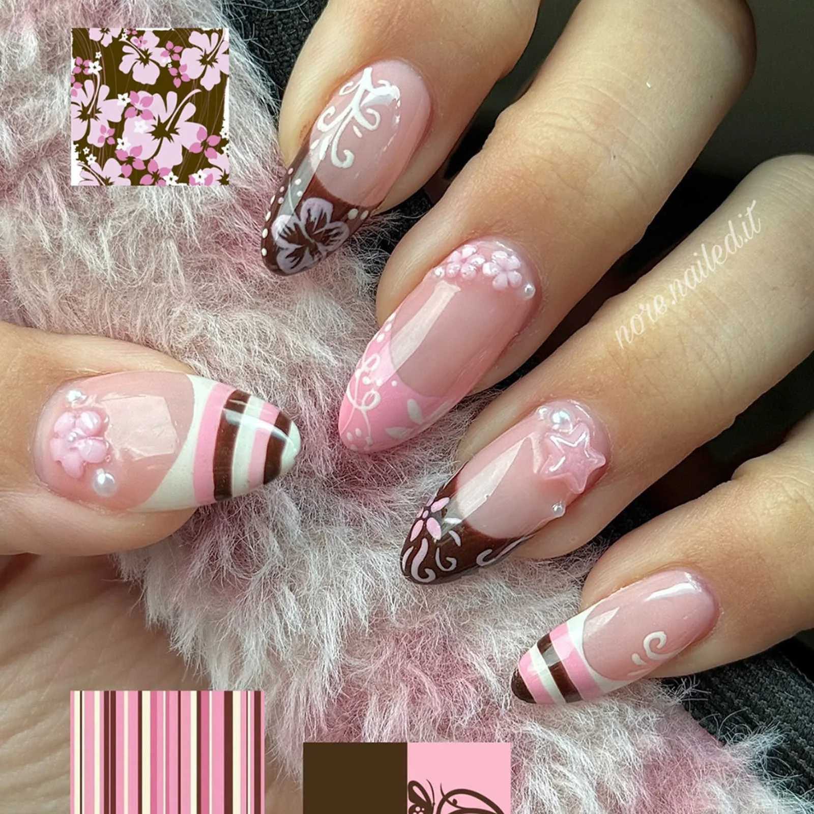 False Nails 24pcs Spring Day Sweet False Nails Cute Pink Flower Star Pearl Designs Press On Nails Stripes French Style Almond Fake Nail Q261017