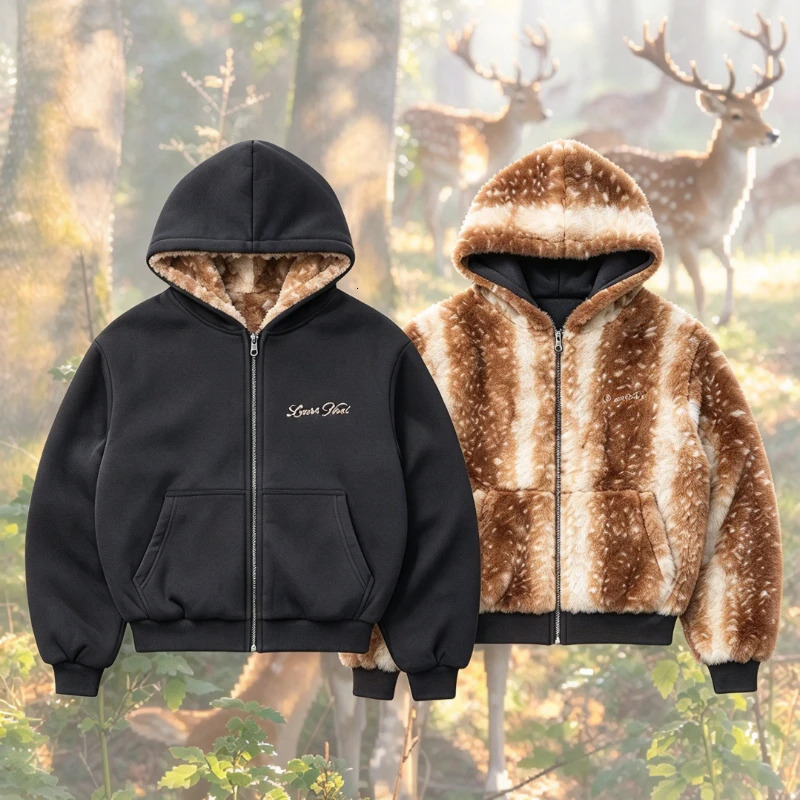 Y2K Retro Bambis Zip Sweatshirt Faux Fur Deer Pattern Reversible Hoodie Black Elegant Mori Embroidery Streetwear Women Boxy Coat 261016