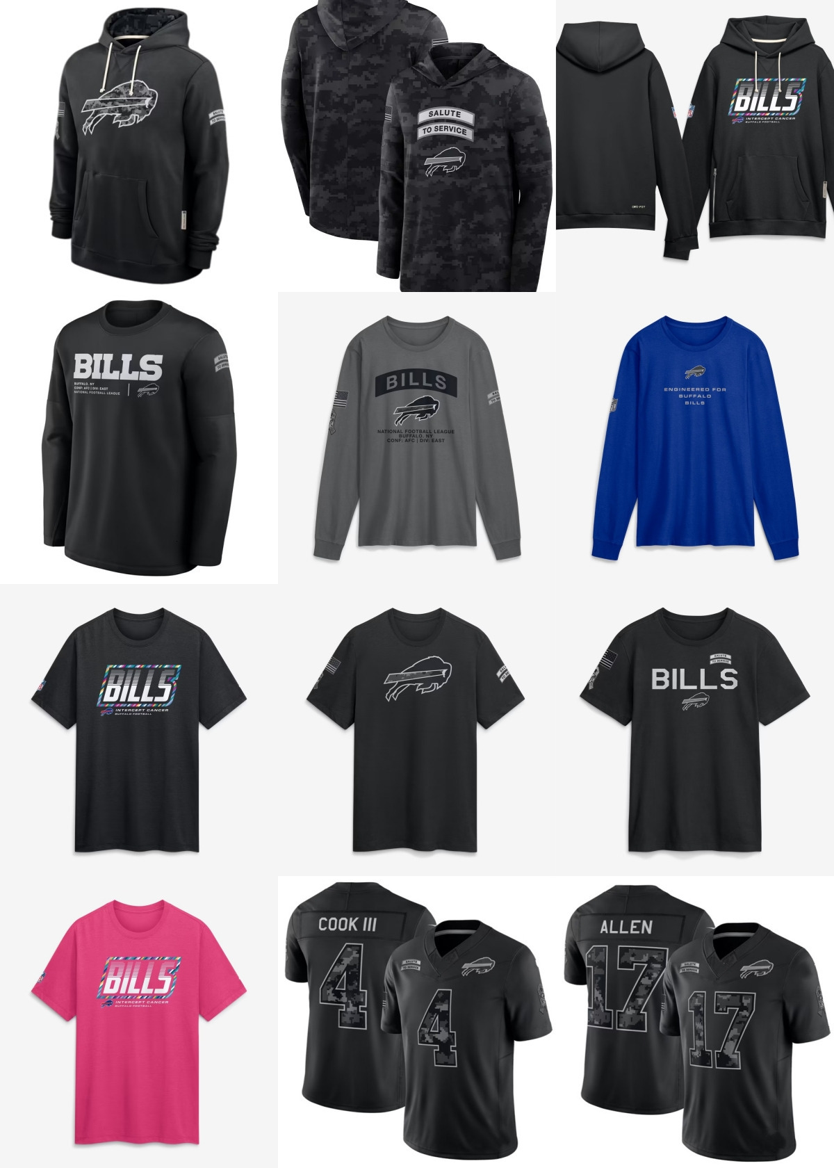 Bills Men T-shirt 2026 Salute to Service Sideline Pullover Hoodie Long sleeves Jerseys Women Youth Black Jacket