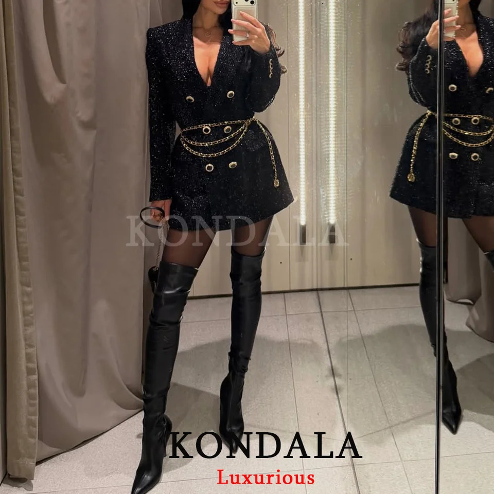 KONDALA Office Lady Chic Black Blazer V Neck Double Buttons Long Jackets Fashion 2026 Casual Pockets Female Party Outwears 261015
