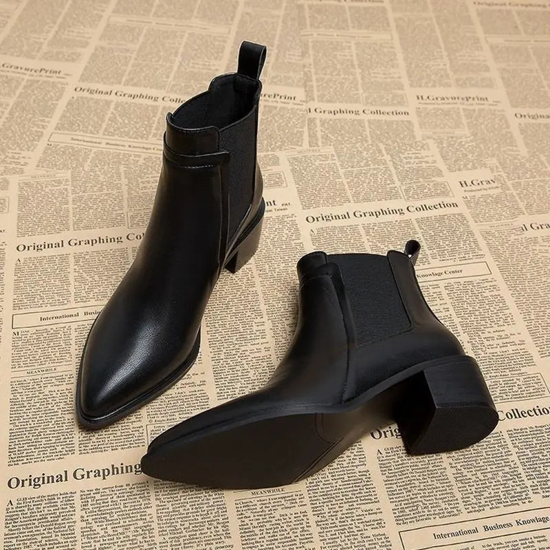 Women Winter Fleece Lined Chelsea Boots Pointed Toe Chunky Block Heel Ankle Boots Warm Slip On Booties Plus Size 261017