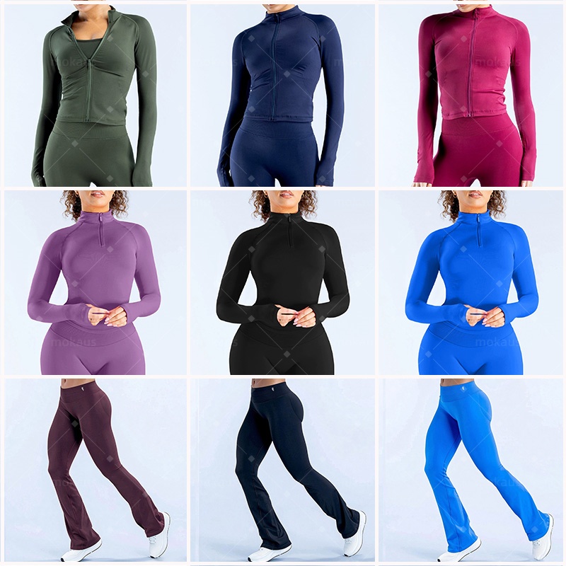Womens Gym Yoga Shirt Half Zip Jacket Full Zip Jacket Hip Lifting High Waist Yoga Bell-bottom pants Pilates Gym Clothes Leggings Tops Summer Hot Sel