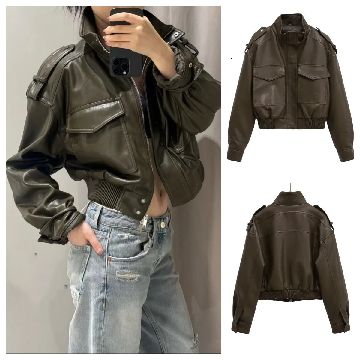 ETJ Womens collection Standup collar motorcycle short jacket Y2K large pocket faux leather shiny leather jacket 261016