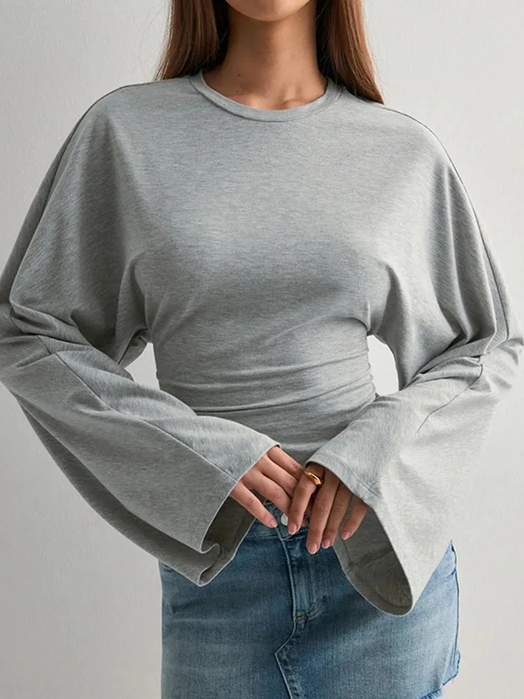 Long Sleeve Women Pullover O Neck Skinny Y2K Summer Clothes Casual T Shirt Top Streetwear Fashion Gray Tees Crop Top 261013