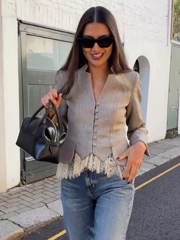 Elegant Lace Hem Peplum Suit Jacket Women Chic Stand Collar Single Breasted Slim Fit Coat Female Vintage Office Casual Outerwear 261016