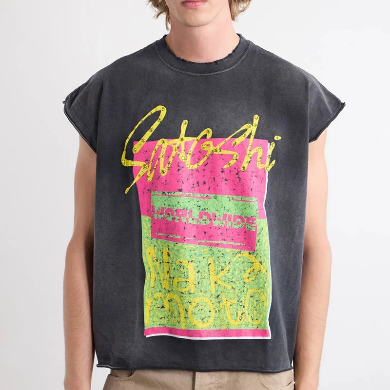 Summer Loose Vintage Washed Black Sleeveless TShirt Men Women Graphics Print Rhinestone Satoshi Nakamoto SleeveCut Tee 261016