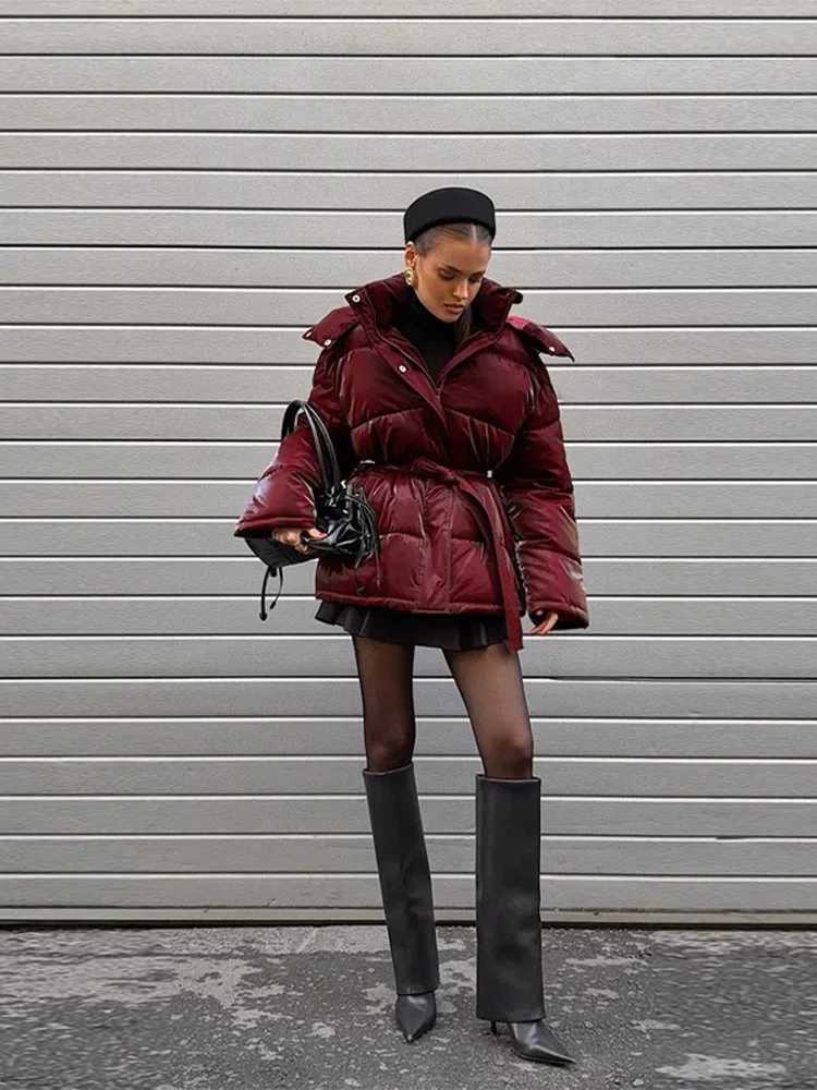 Women's Down Parkas Reflective Fabric Hooded Cotton Jacket Woman Lace up Solid Color Loose Zipper Casual Coats Street Chic Women's New War