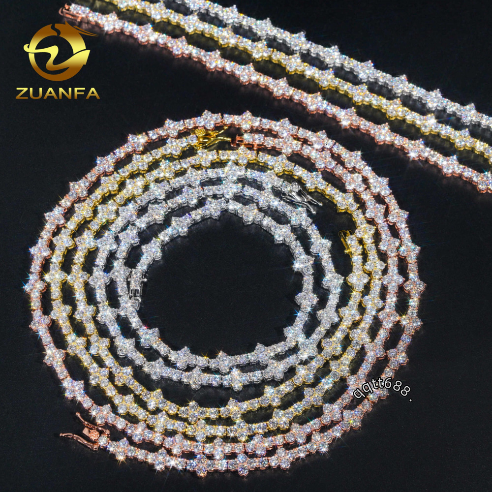 Bulk Stock Claw Setting 3mm 4mm 925 Solid Silver Hip Hop Jewelry D VVS Moissanite Diamond Cross Cluster Tennis Chain