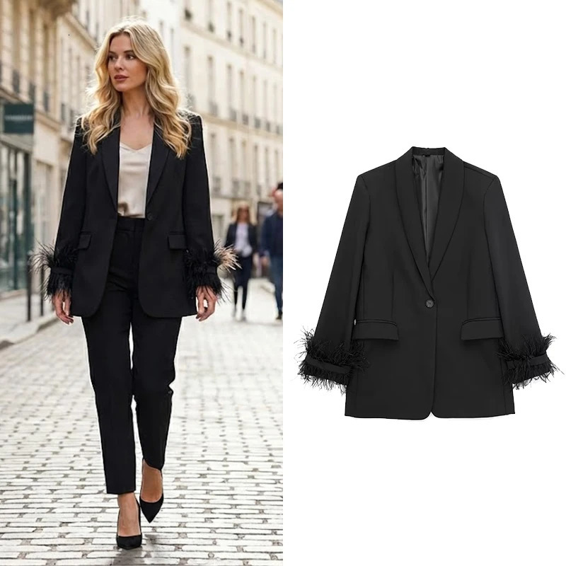 Willshela Women Fashion Satin Black With Feather Blazer Jacket Vintage Notched Neck Single Button Long Sleeves Female Outfits 261015