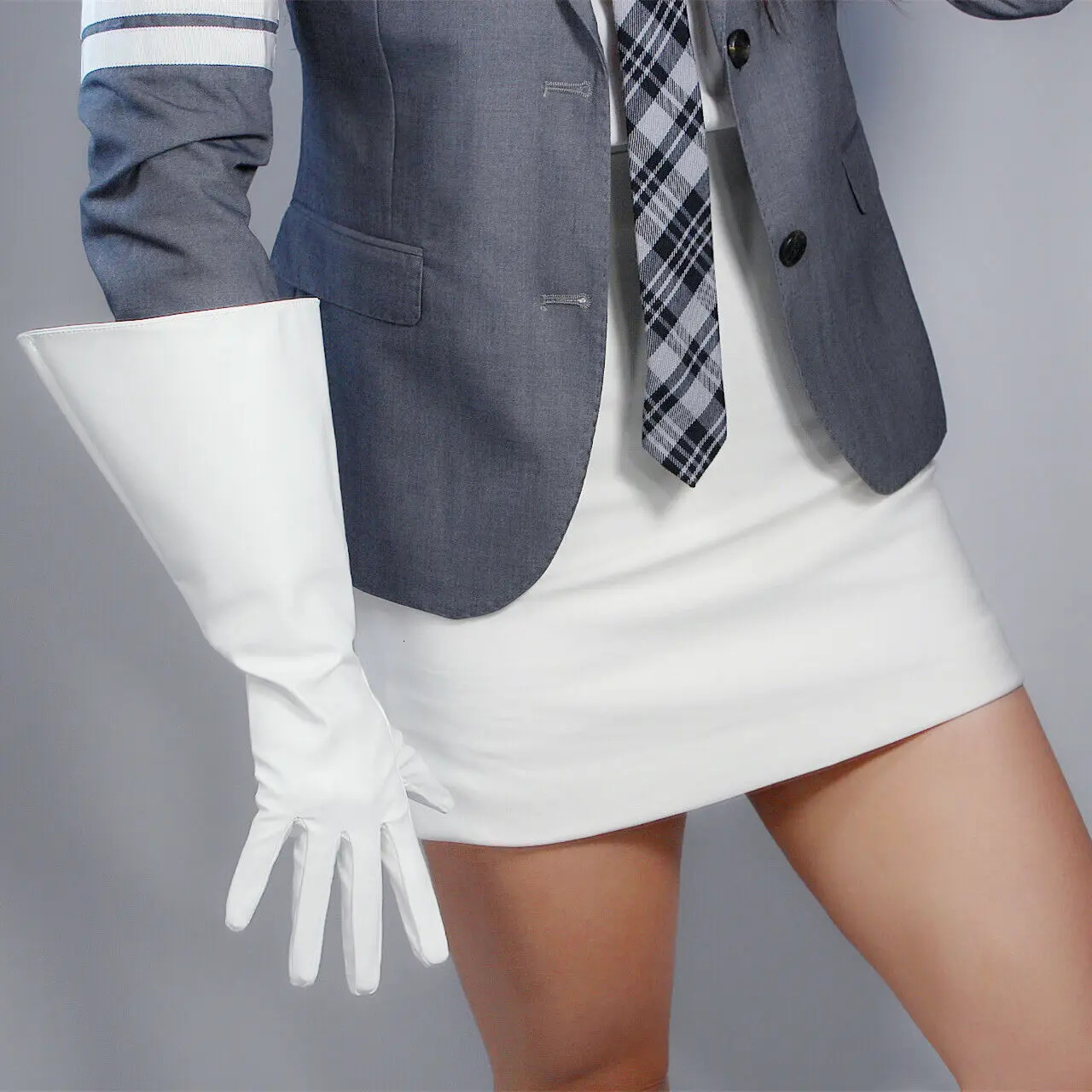 LONG GLOVES Unisex Faux Leather PU 38cm Wide Balloon Puff Sleeves Large White LLDLLNT 261017