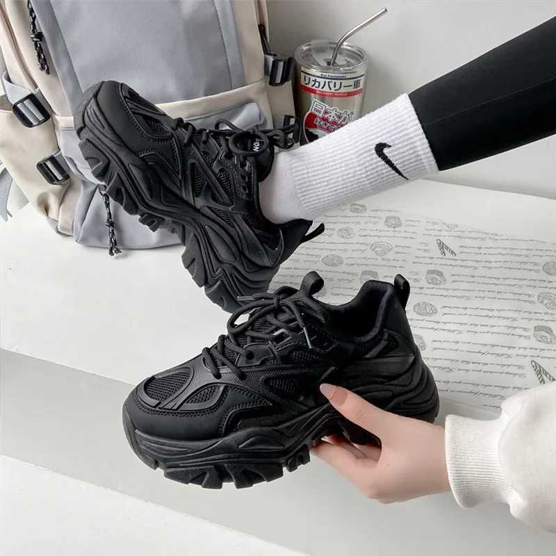 Casual Shoes 2024 New Women Fashion Platform Sport Shoes Women spring autumn Black Casual Chunky Sneakers Women Mesh Leather Platform Shoes H261016
