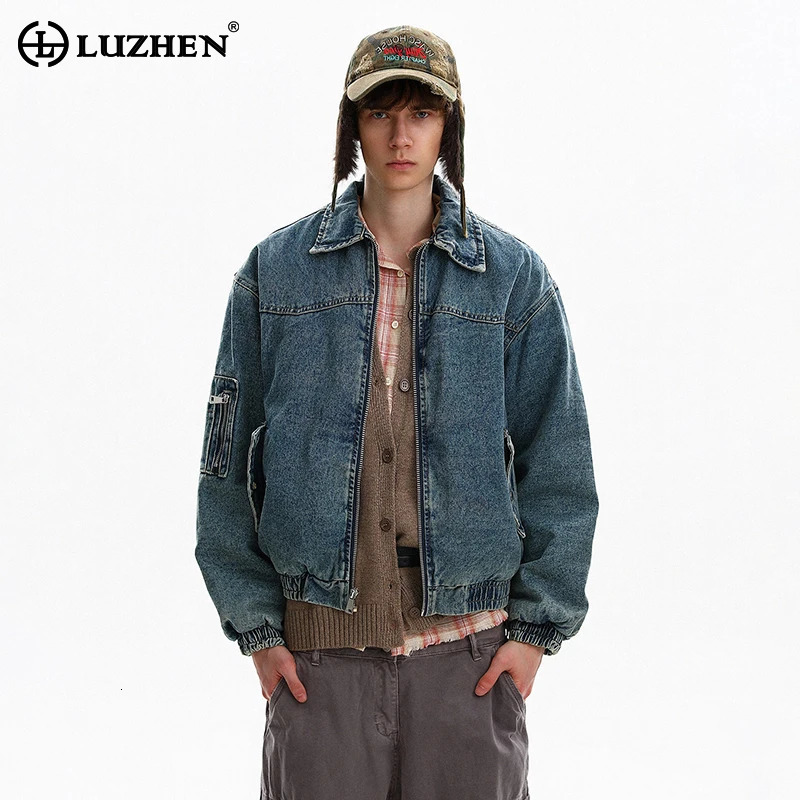 LUZHEN Vintage 2026 New Lapel Fashion High Quality Thickened Padded Denim Jacket Men's Handsome Solid Color Casual Parka