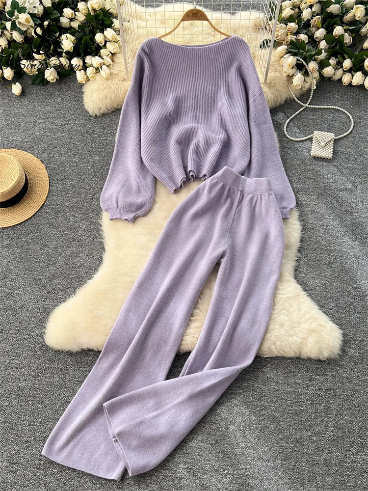 SINGREINY 2026 Winter Thick Women Suits Loose Sweater TopsHigh Waist Wide Legs Long Pants Autumn Solid Causal Warm 2 Piece Sets 261015