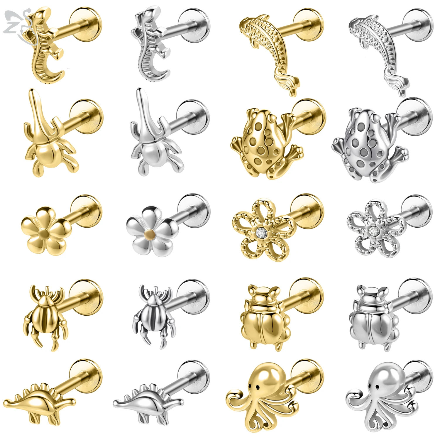ZS 1PC 16G/18G 316L Stainless Steel Lip Ring Beetle Shape Labret Piercing Silver Color Ear Stud 6mm/8mm Cartilage Earring 261008