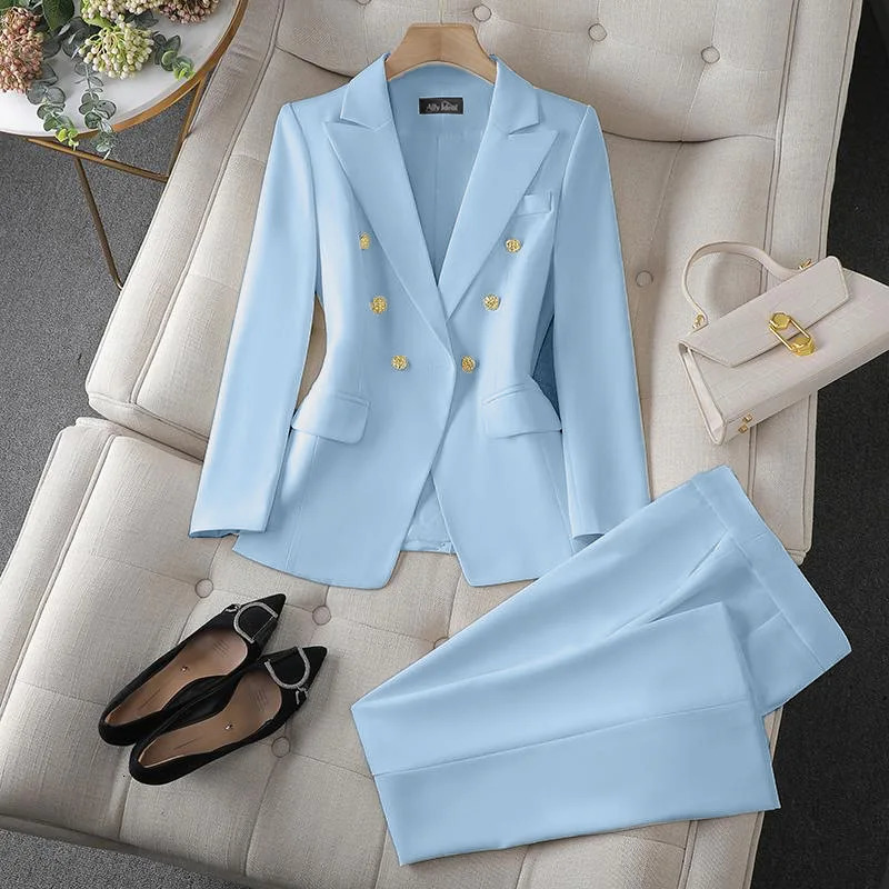 Office Blazers Two-piece Suit Women's Casual Sets Spring Autumn Slim Double-breasted Coat Straight Trousers 2-piece Sets 261016