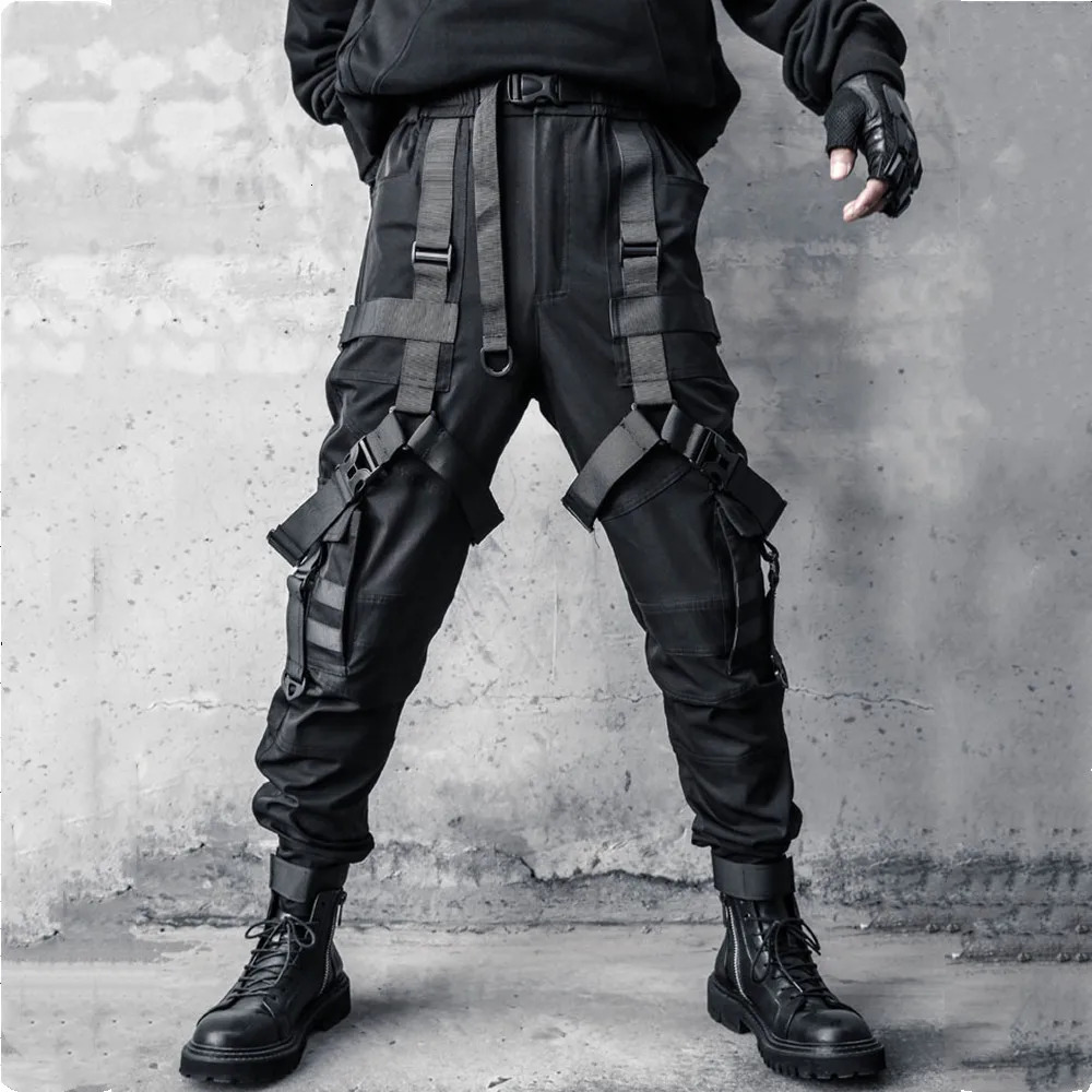 Hip Hop Punk Cargo Pants Man Multi Ribbons Decorative Techwear High Street Tactical Casual Trousers 261017
