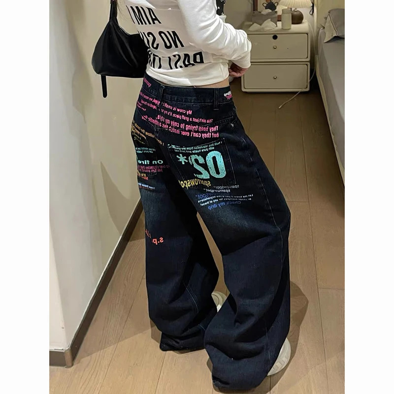 ZHIZOU Women Blue Gothic Y2k Oversize Jeans Harajuku Vintage Wide Leg Denim Trousers Aesthetic 2000s Style Boyfriend Jeans Pants 261016