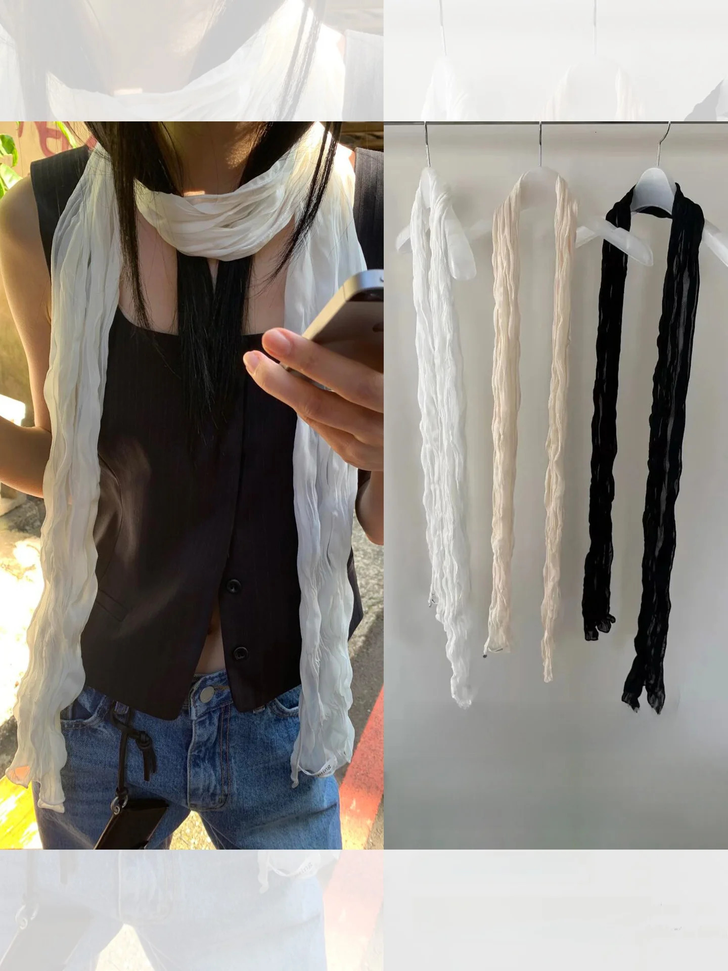 Korean Style Womens Fashionable Pure Color Pleated Scarf Long Rectangle Silk Spring Summer Versatile Accessory MultiFunctional 261017