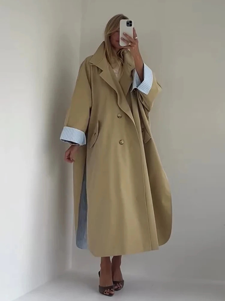 Oversize Women's Stand Collar Trench Coat Full Sleeved Single Breasted Pocket Side Split Long Windbreaker Autumn Lady Outwear 261015