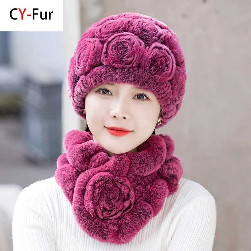 Beanie/Skull Caps Hot Sale New Women Winter Fur Hat Scarf Sets Natural Warm Real Rex Rabbit Fur Cap Scarves Lady Knitted Genuine Fur Hats Muffler Q2