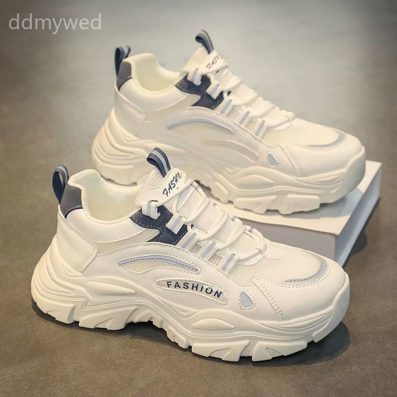 Men's Breathable Mesh Sneakers Thick Sole Casual Running Shoes Youth Sports White Dad Shoes