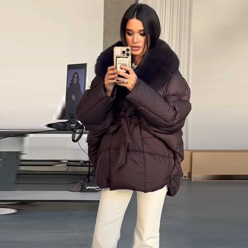 Women's Down Parkas Women's Winter Parka Cotton Jacket High quality Detachable Fur Collar Brown Loose Thickened Coat NEW Lady Daily Commut